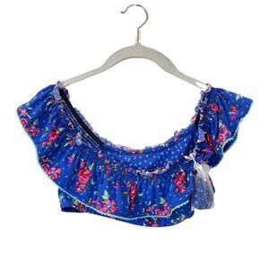 Vera Bradley Floral Blue Ruffle Off-The-Shoulder Bikini Top W/ Straps $82 Size M
